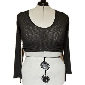 Good Luck Gem Black Ribbed Side-Tie Crop Top | XL | Stretchy Long Sleeve